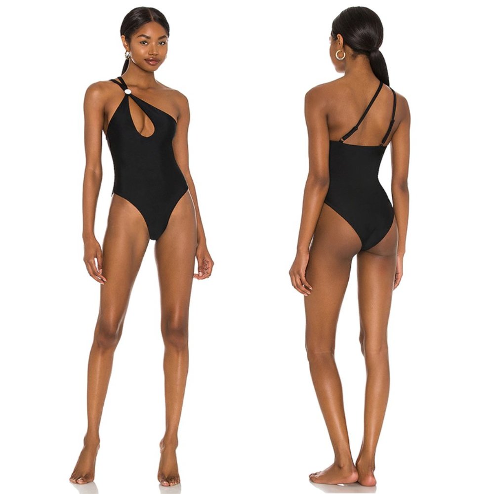 NEW LPA Susan‎ One Piece Keyhole Adjustable One Shoulder High Cut Swimsuit Black
